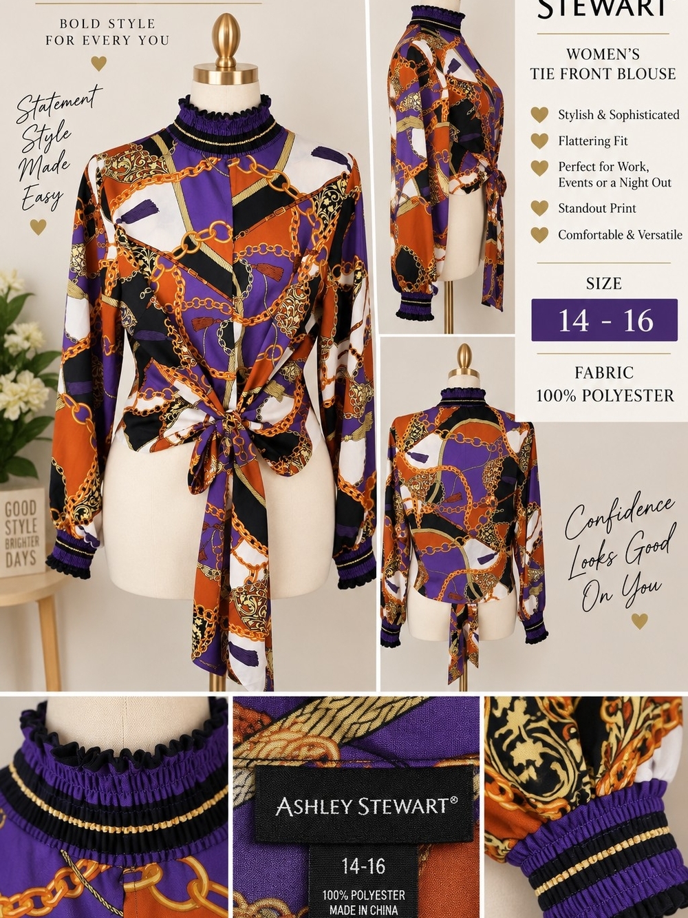 Ashley Stewart Purple & Orange Chain-Print Tie-Front Blouse